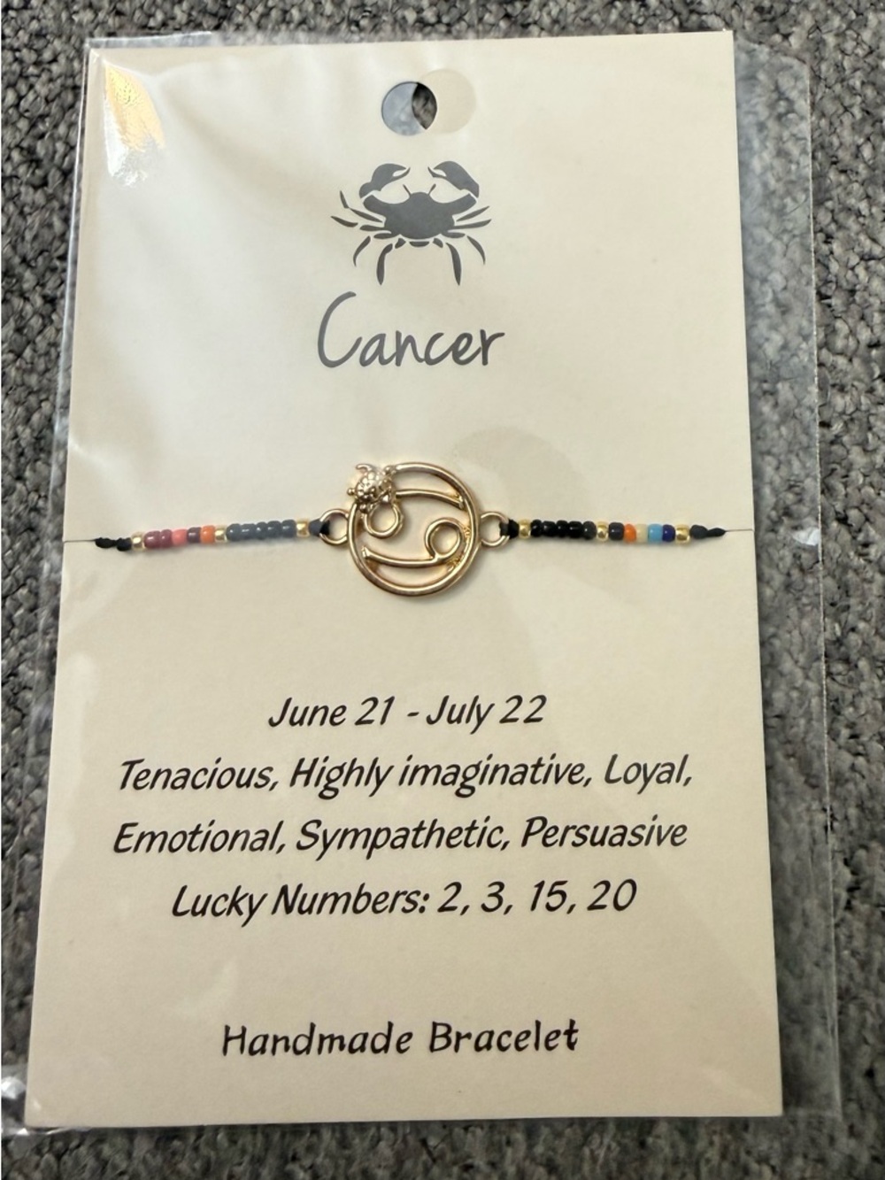 Cancer Zodiac Gold Tone Wish Bracelet with Multicolor Beads.